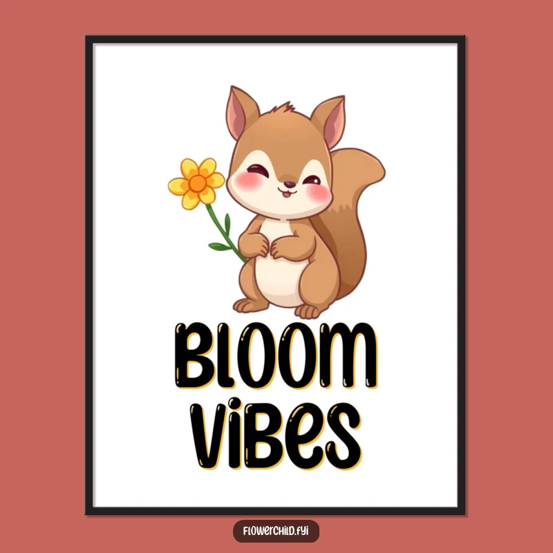 Funny Curious Squirrel Flower Ear Digital Art - Whimsical Woodland Wall Decor Gift