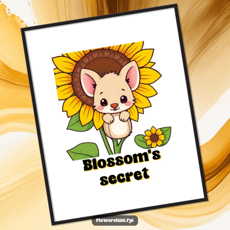 Funny shy animal hiding behind a giant sunflower, as a digital art print for instant wall decor.