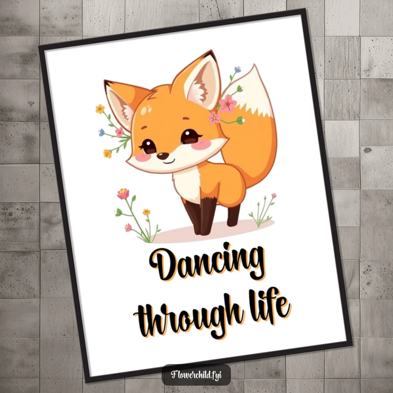 Funny fox digital art print, with wildflowers behind its ear, dancing playfully, high-resolution download, perfect funny gift.