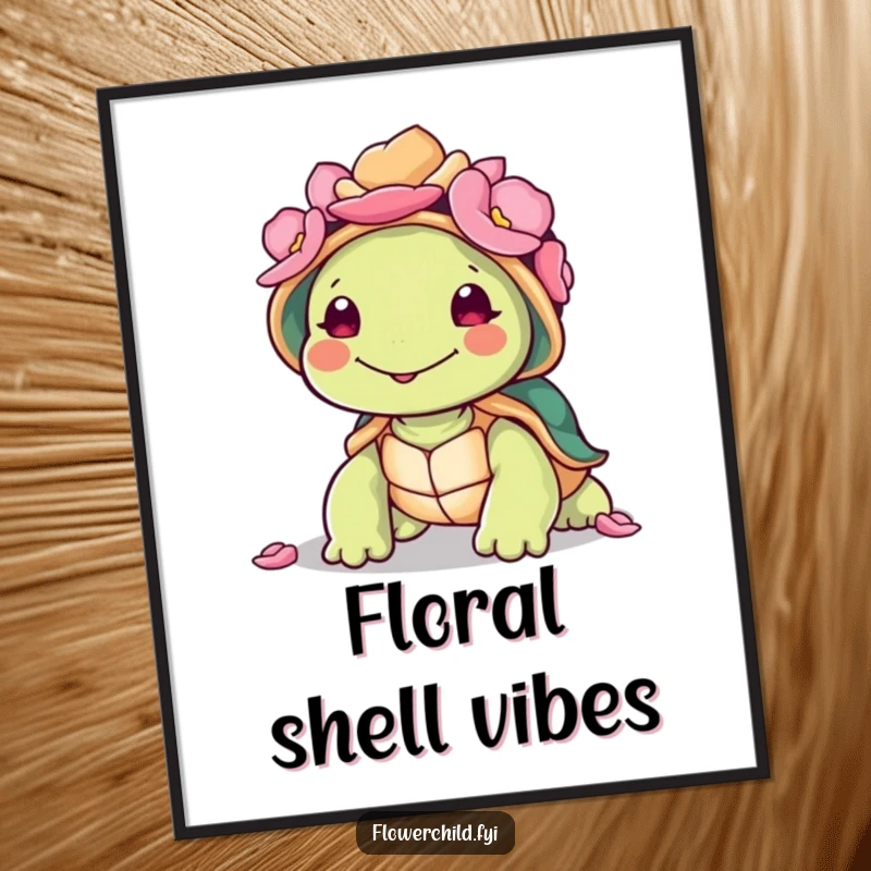 Funny smiling turtle character wearing a shell adorned with colorful petals, high-resolution digital art print for humorous decor.