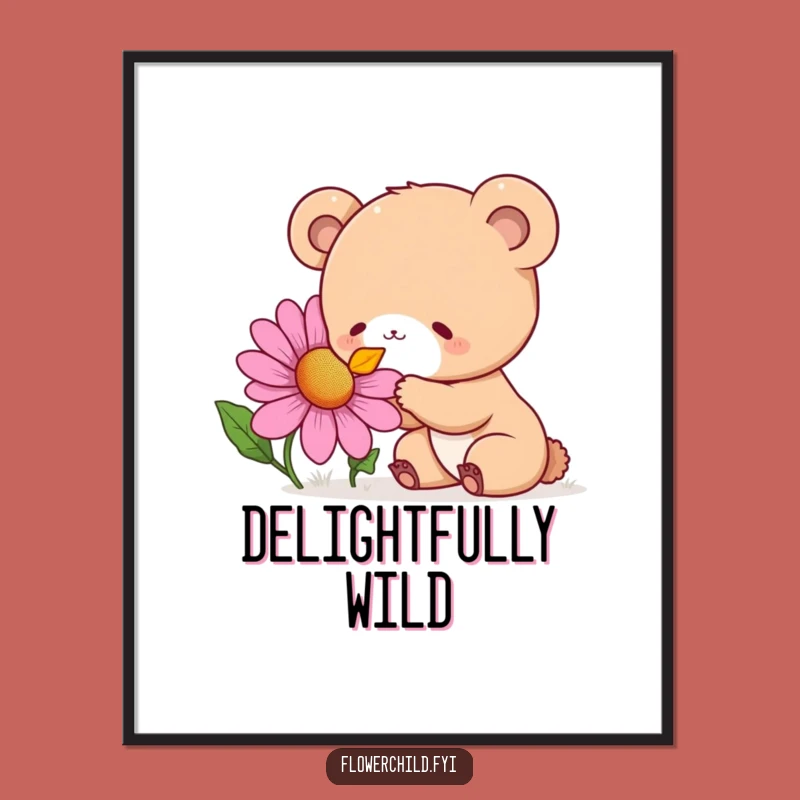 Funny Bear Cub Flower Sniffing Digital Art: Curious Delight Printable, Instant Funny Gift