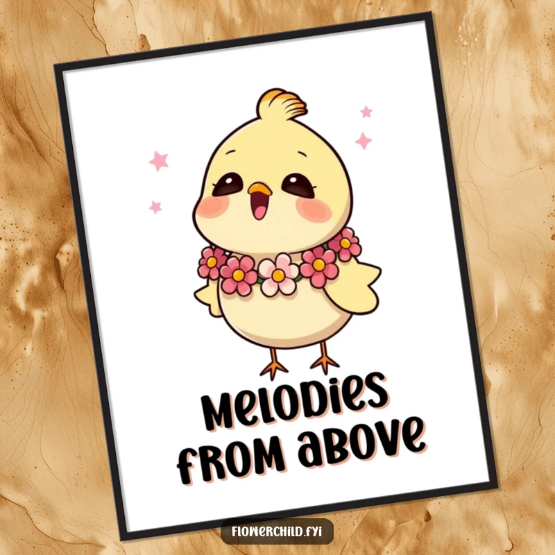 Funny digital art print of a happy bird with a flower garland, singing joyfully, ready to be printed.