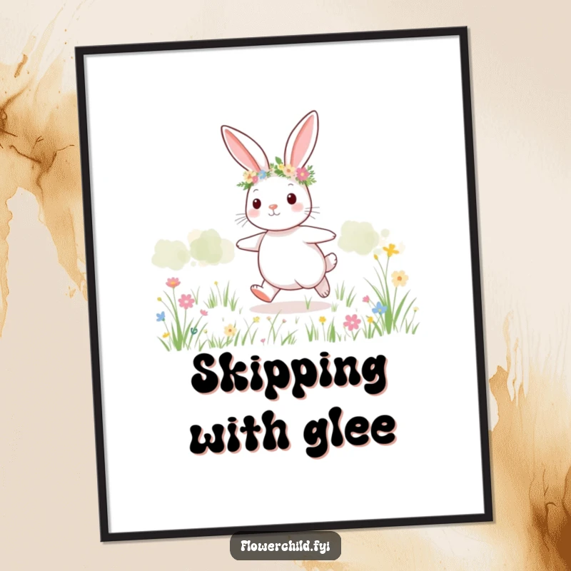 Funny bunny meadow digital art print, a cute bunny with a flower crown skipping through a field.