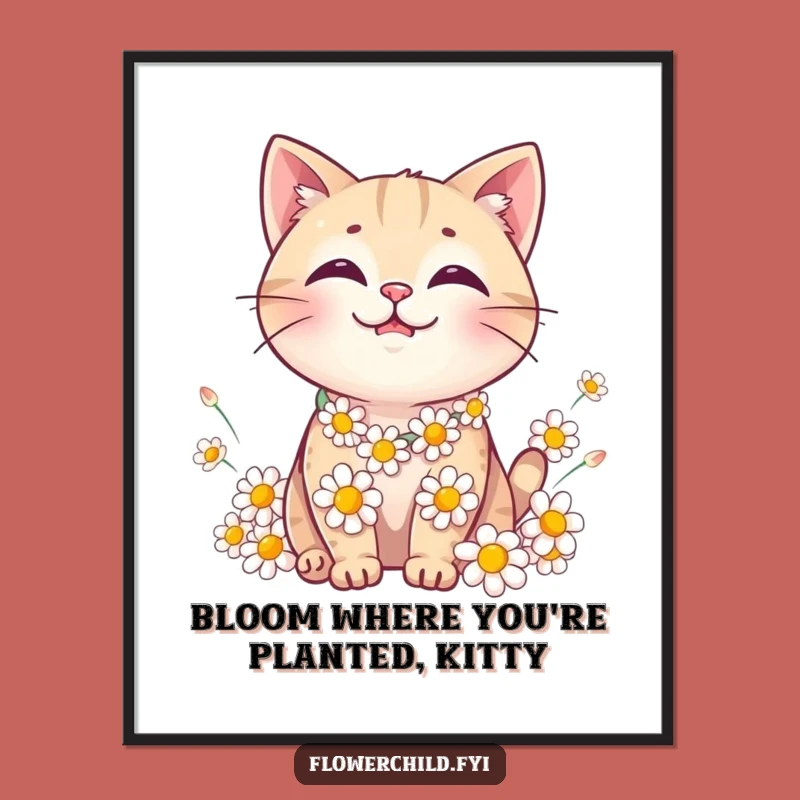 Funny Cat Daisy Chain Digital Art - Instant Whimsical Decor Gift