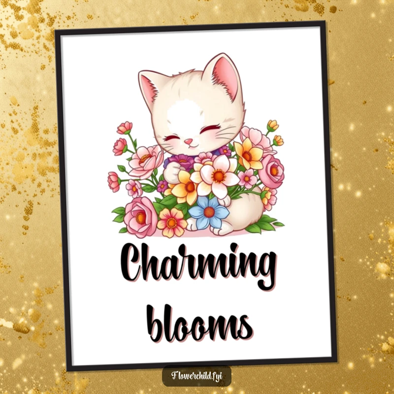 Funny Kitten Digital Art: A charming kitten arranges a bouquet, creating sweet and humorous printable wall art.
