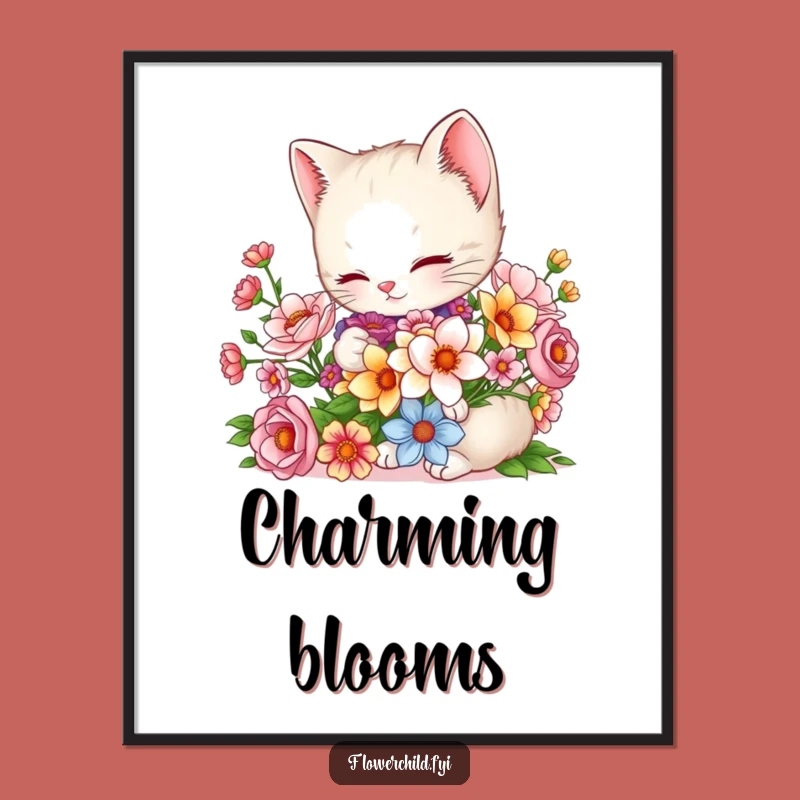 Funny Charming Kitten Bouquet Digital Art: Sweet Floral Wall Decor