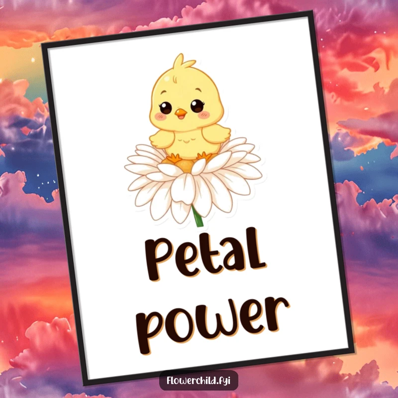 Funny digital art print of a cheerful chick perched on a large daisy, perfect for instant joyful decoration.