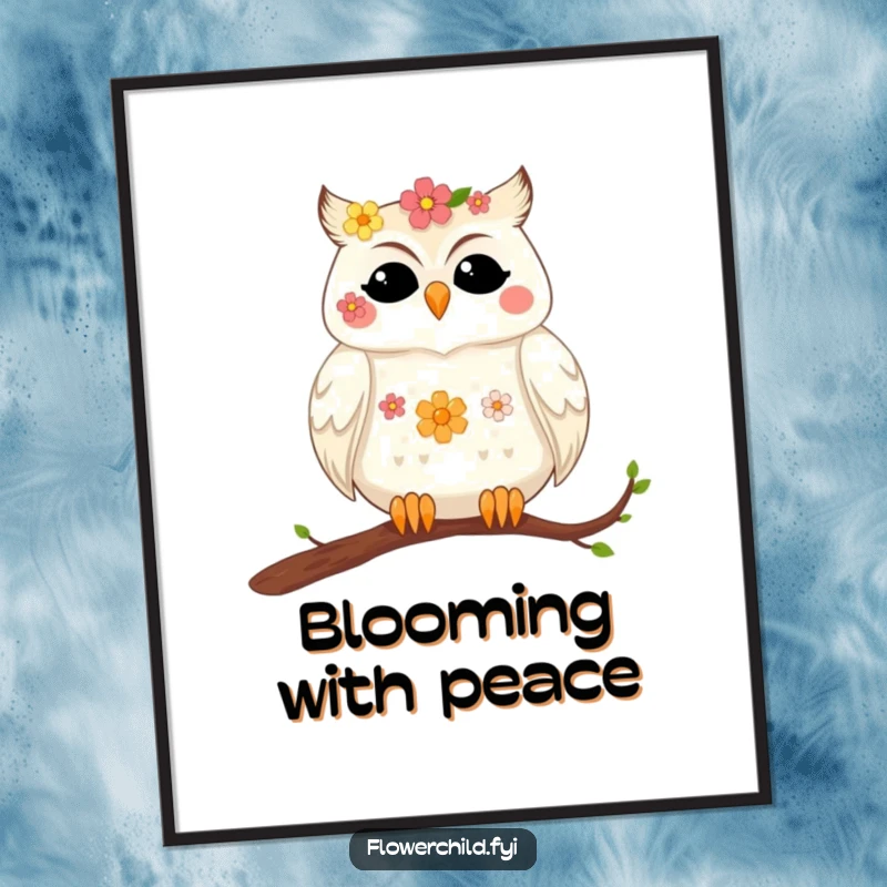 Funny, downloadable digital art print of a contented owl with flowers in its feathers resting on a branch, perfect for serene decor.