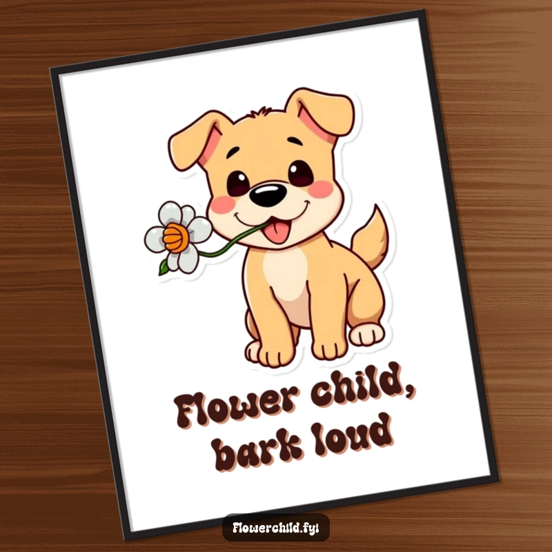 Funny Dog Flower Digital Art Print: Instant download art of a playful dog with a flower, tail wagging.