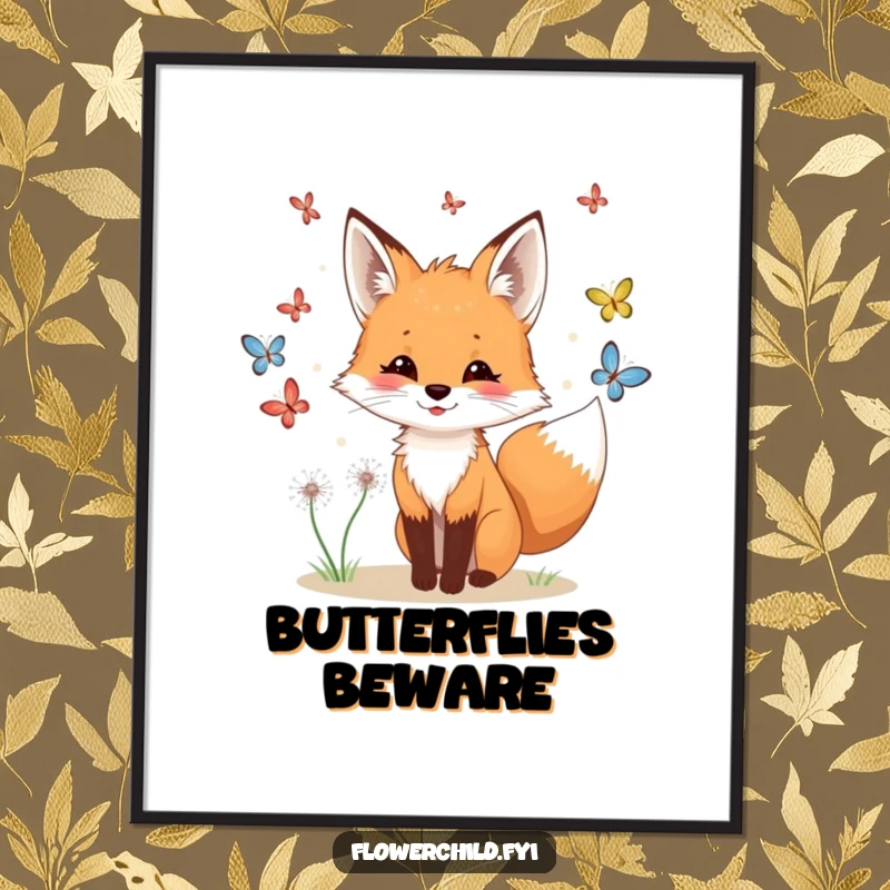 Funny fox butterfly digital art print, a playful fox with dandelions in its fur chasing butterflies.