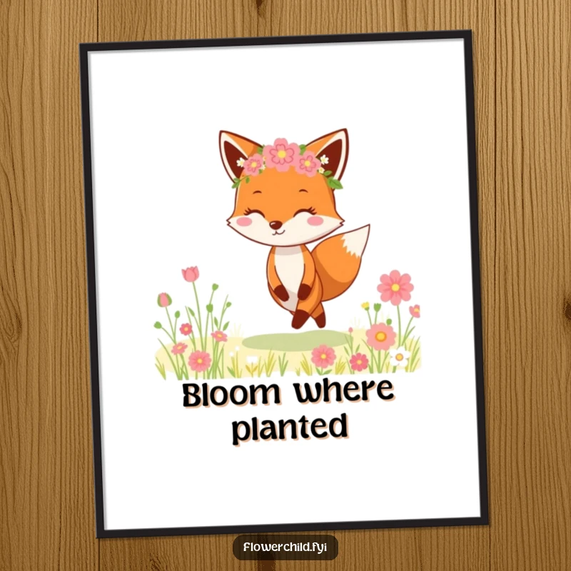 Funny Fox Flower Crown Digital Art: A cheerful fox wearing a flower crown skips through a meadow, capturing a moment of pure joy.
