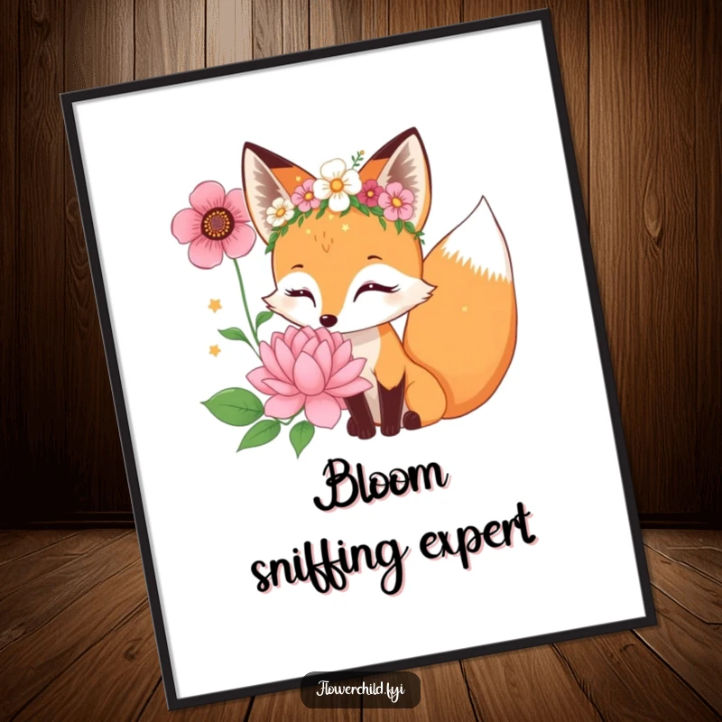 Funny curious fox character wearing a flower crown, sniffing a giant bloom, a downloadable art print.