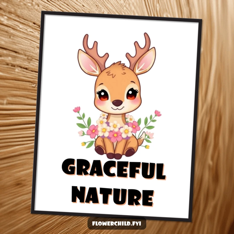 Funny digital art print of a gentle deer with a flower garland, perfect for serene and elegant woodland-themed decor.