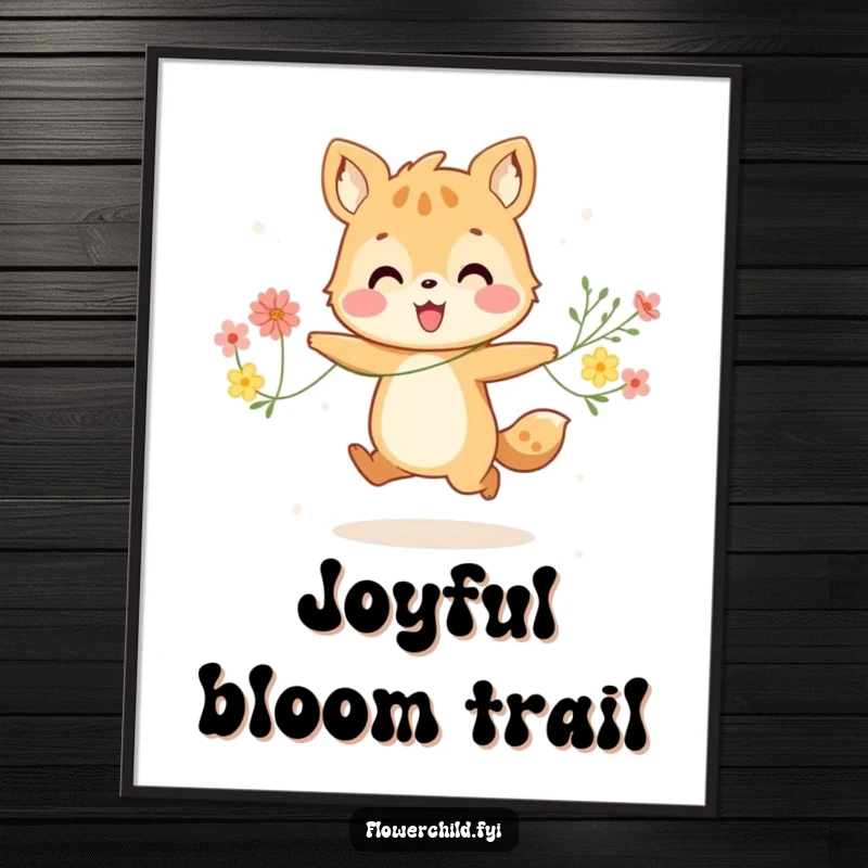 Funny digital art print of a happy animal character joyfully skipping with a string of colorful flowers, radiating pure happiness.