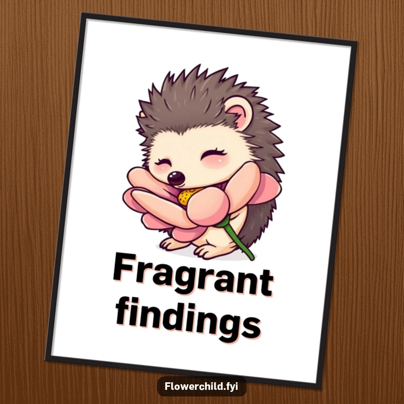 Funny hedgehog digital art print, a curious hedgehog character smelling a vibrant oversized flower, charming nature-inspired wall art, instant download.