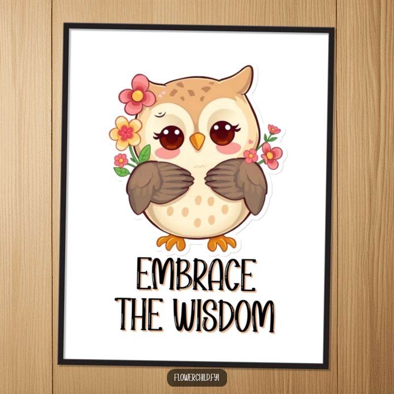 Whimsical owl with flowers in its feathers offering a warm hug, presented as a high-resolution digital art print.