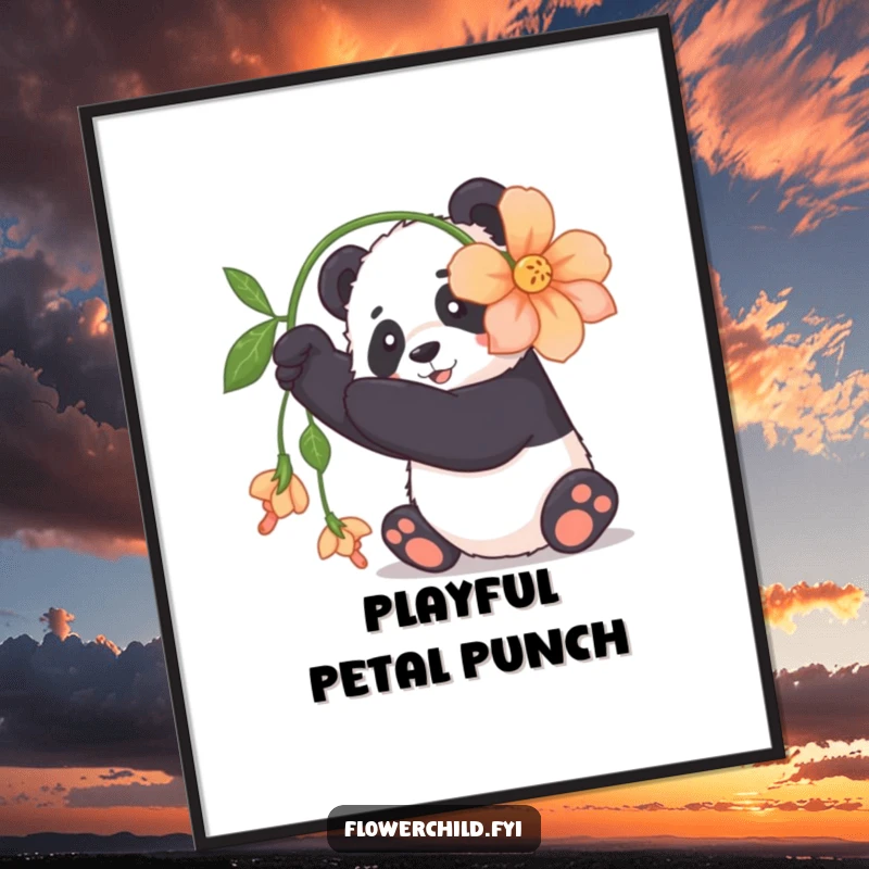 Funny panda digital art print of a cuddly panda playfully batting at a large, dangling flower, full of fun.