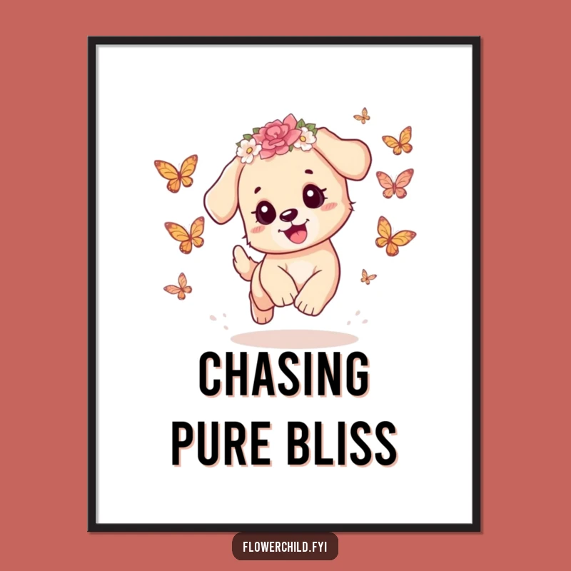 Funny Playful Puppy Butterfly Digital Art: Adorable Wall Decor