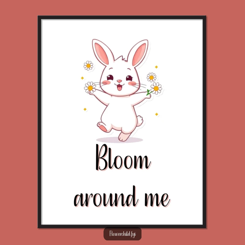Funny Rabbit Daisy Dance Digital Art: Cheerful Twirling Printable, Instant Funny Gift