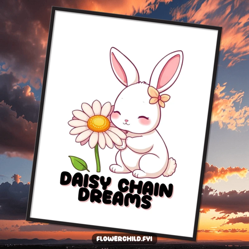 Funny Rabbit Daisy Nibbler Digital Art: A rabbit with petal-decorated ears nibbles a giant daisy, capturing a moment of garden joy.