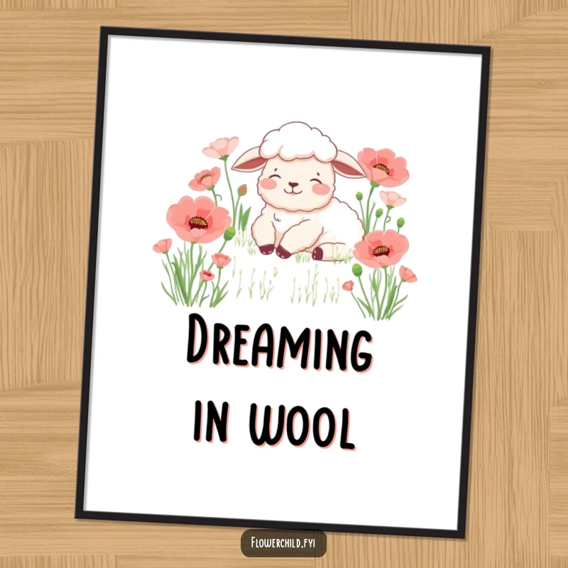 Funny sheep poppy digital art print, a content sheep resting peacefully in a field of poppies, perfect for serene and humorous decor.