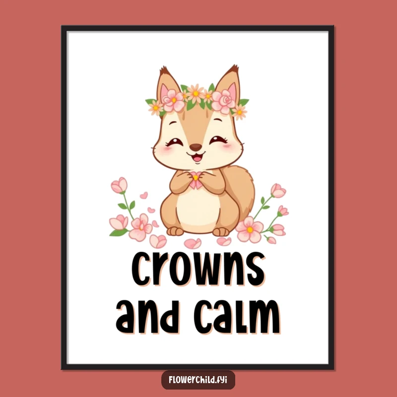 Funny Squirrel Flower Crown Digital Art: Cute Petal Gathering Printable, Instant Funny Gift