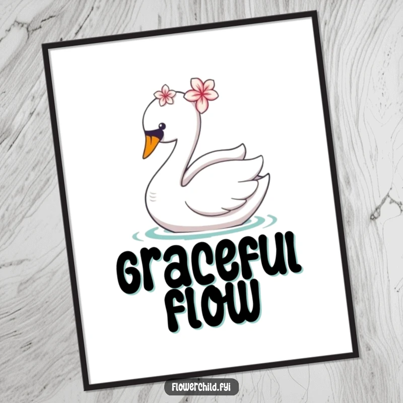 Funny digital art of a graceful swan with a flower on its head, gliding beautifully.