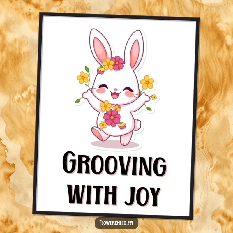 Funny Bunny Digital Art: A joyful bunny with flowers dances happily, creating whimsical and cheerful printable wall art.