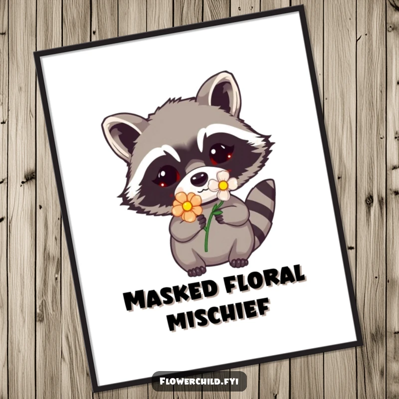 Funny raccoon flower digital art print of a raccoon peeking with a flower on its mask, creating a humorous and enchanting scene.