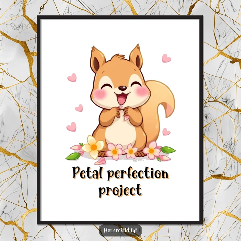 Funny digital art print of a delighted squirrel character gathering flower petals for a chain.