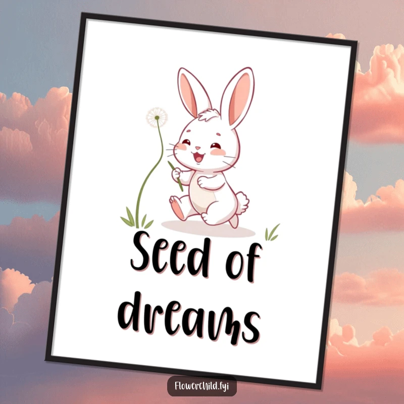 Funny bunny digital art print of a playful bunny energetically chasing a floating dandelion seed, perfect for adding a touch of whimsical fun.