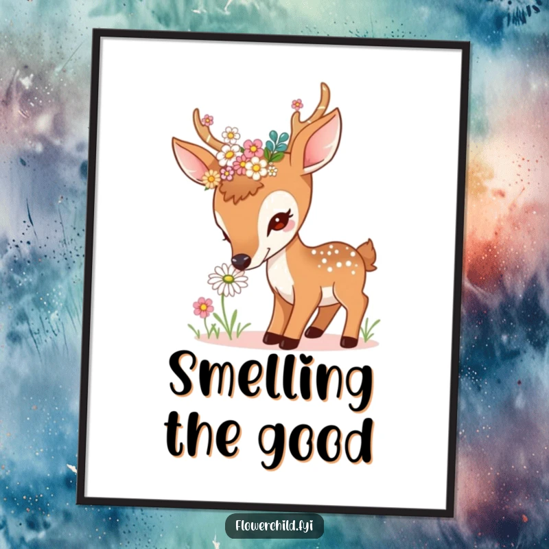 Funny curious deer digital art print, with flowers in antlers, sniffing a daisy, high-resolution download, perfect funny gift.