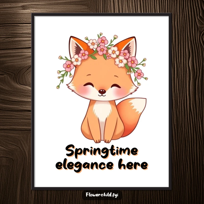 Funny digital art print of a whimsical fox wearing a blossom wreath, ideal for immediate download and charming wall decor.