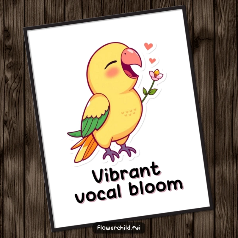Funny parrot digital art print of a vibrant parrot singing joyfully with a small flower in its beak.