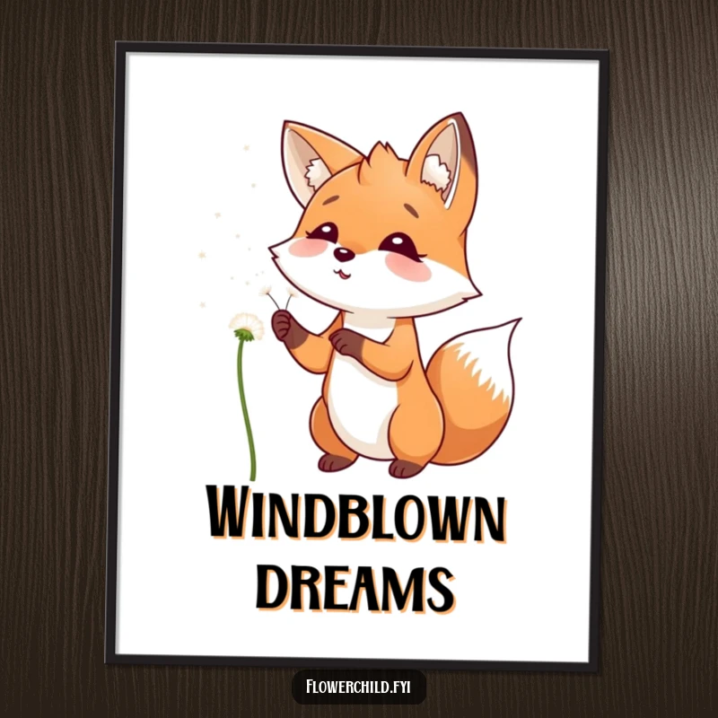 Funny Digital Art Print of a playful fox character smiling, blowing dandelion seeds into the wind, available for download.
