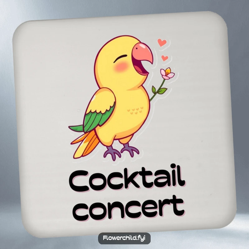 Funny parrot coaster featuring a vibrant parrot singing with a flower in its beak, adding tropical flair.