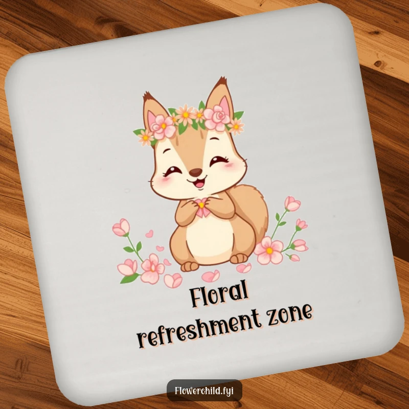 Funny Coaster featuring a cute squirrel wearing a flower crown, happily gathering petals, protecting surfaces with style.