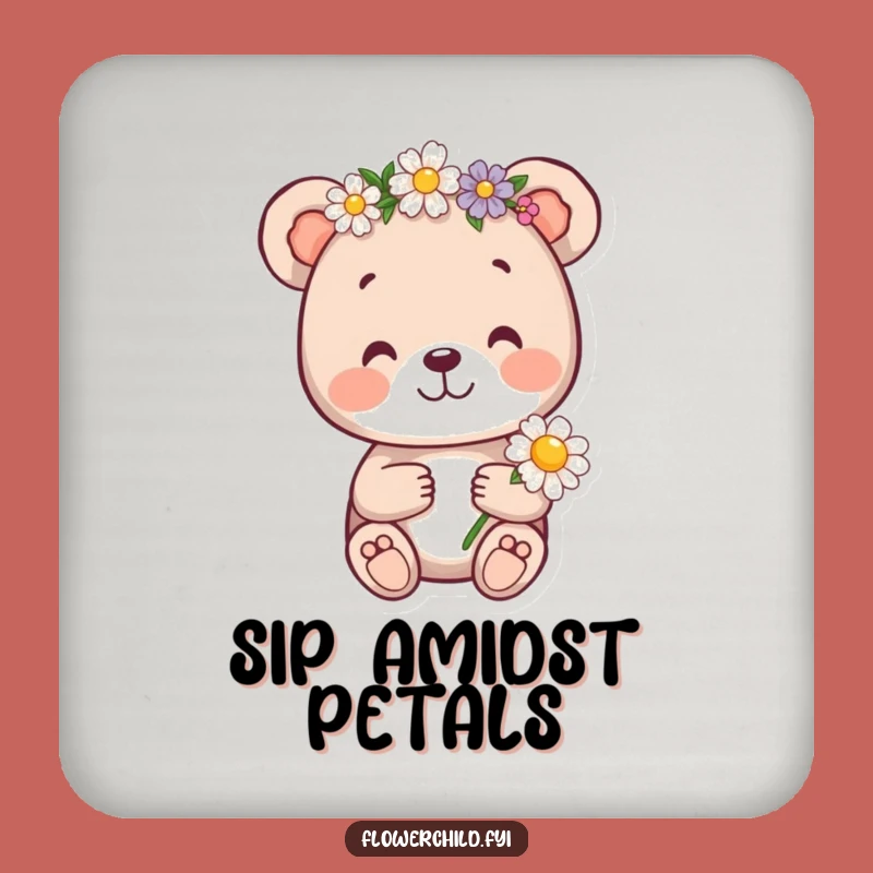 Funny Bear Cub Flower Crown Drink Coaster - Protect Surfaces Gift