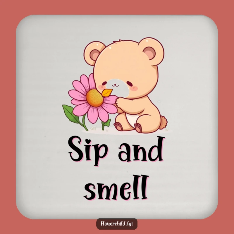 Funny Bear Cub Flower Sniffing Coaster: Curious Delight Protector, Decorative Funny Gift