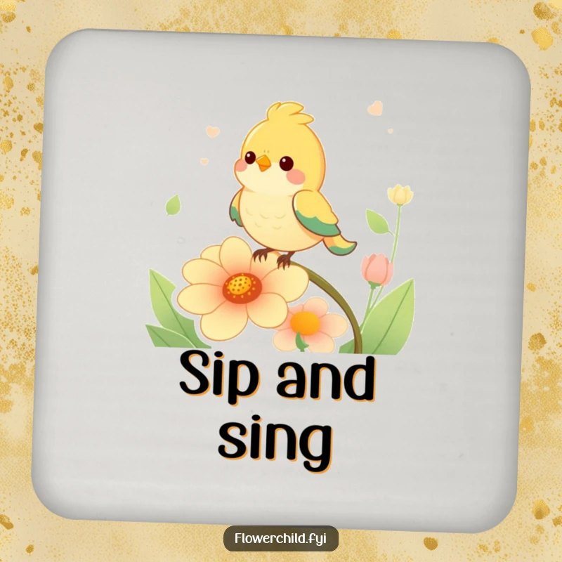 Funny happy bird singing to a flower, printed on a decorative and humorous drink coaster.