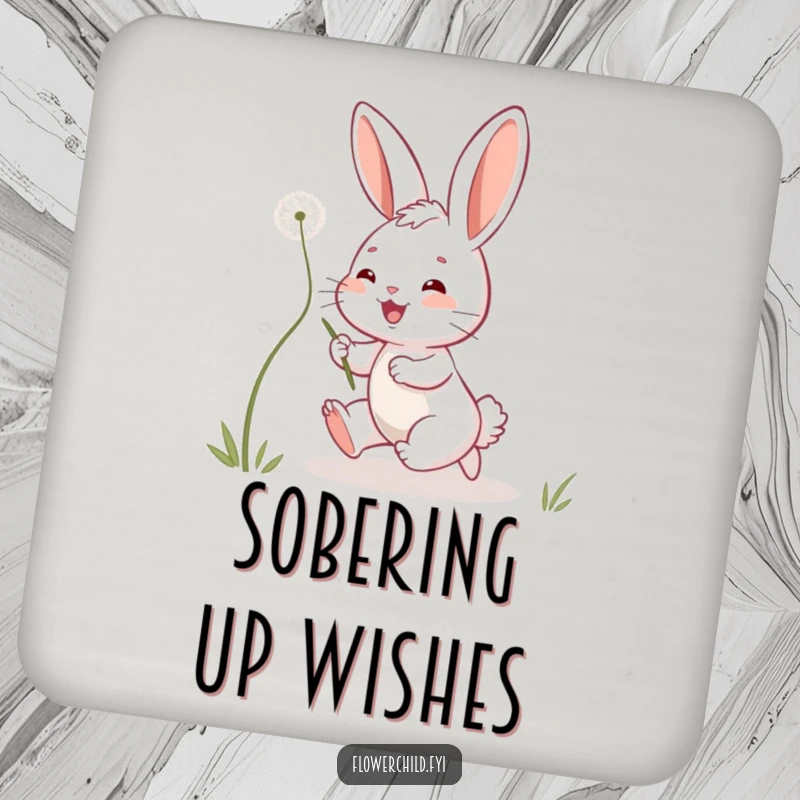 Funny bunny drink coaster depicting a playful bunny chasing a dandelion seed, protecting surfaces with a whimsical and humorous design.