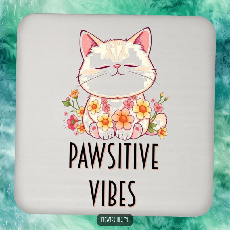 Funny Cat Flower Nap Coaster: A contented cat peacefully naps with flowers woven into its fur, protecting surfaces with charm.