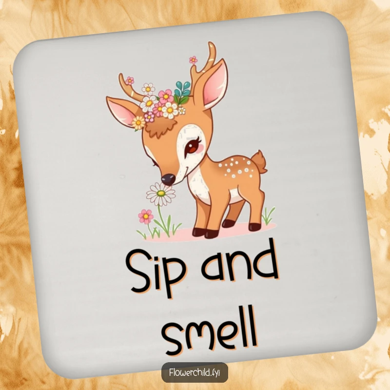 Funny curious deer drink coaster, with flowers in antlers, sniffing a daisy, protects surfaces, adds charm, great funny gift.