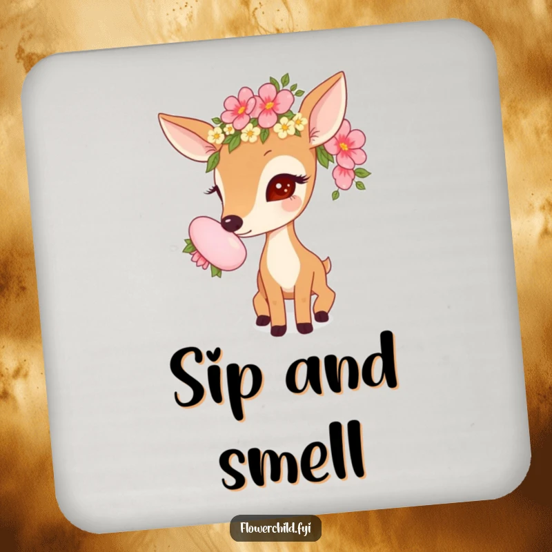 Funny drink coaster showcasing a curious deer with a flower garland, sniffing a large bloom, adding natural flair.