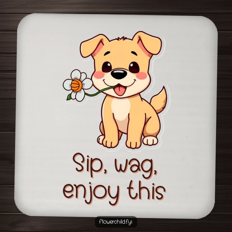 Funny Dog Flower Coaster: A coaster featuring a playful dog holding a flower, tail wagging.