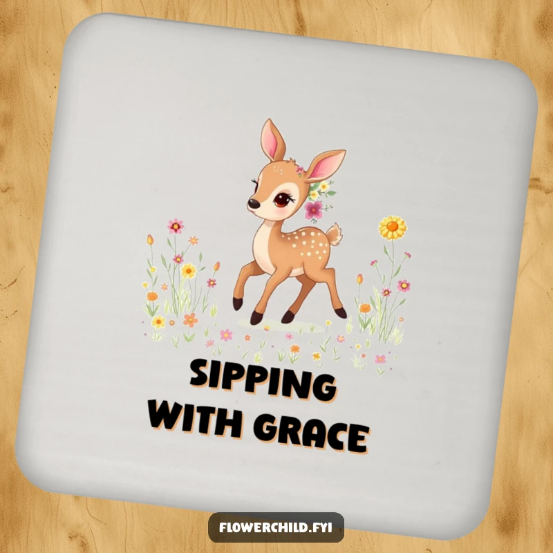 Funny Gentle Deer Wildflower Coaster: A coaster featuring a funny image of a gentle deer adorned with wildflowers, peacefully prancing through a meadow.