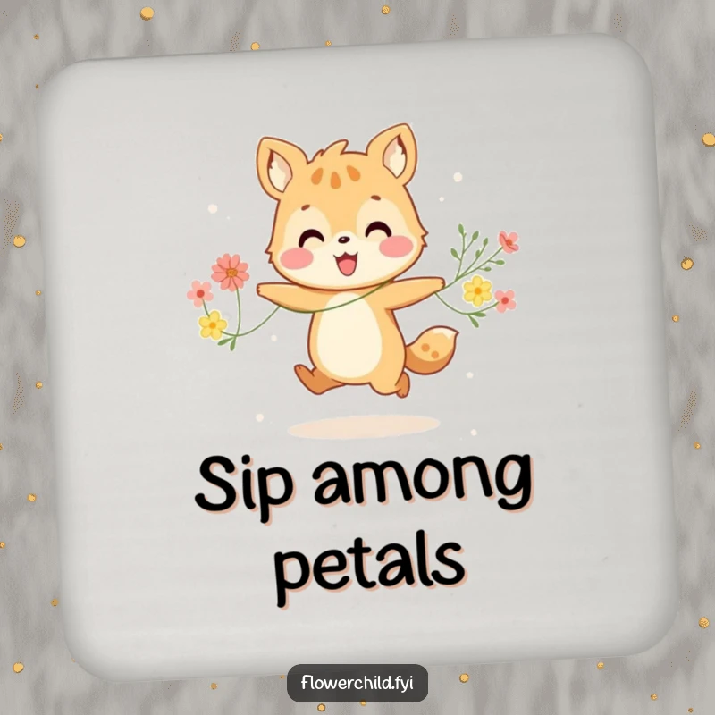 Funny drink coaster with a happy animal character joyfully skipping with a colorful string of flowers, bringing cheer to tabletops.