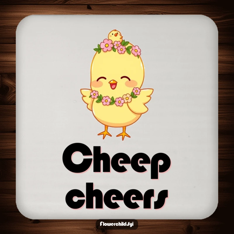 Funny Coaster featuring a happy chick wearing a tiny flower garland, chirping joyfully, protecting surfaces.