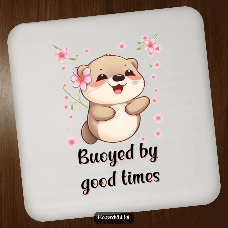 Funny otter coaster featuring a happy otter with a flower, floating peacefully among delicate blossoms.