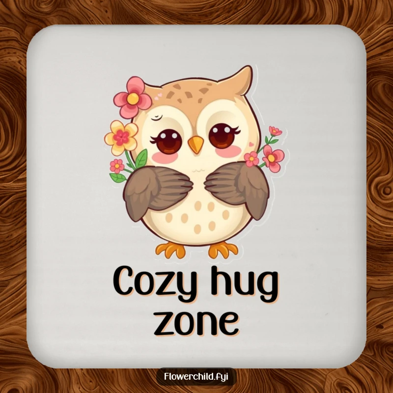 A whimsical owl with flowers in its feathers offering a warm hug on a durable drink coaster, adding character to tabletops.